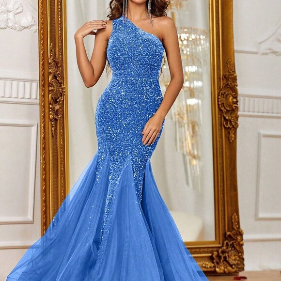 Blue Women's One Shoulder Mermaid Hem Sequin Formal Prom Evening Gown - Picture 3 of 6
